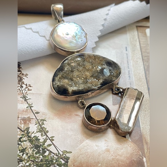 925 Sterling Silver Statement Pendant: Smoky Quartz and fresh water Pearl